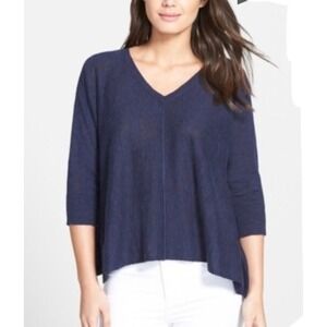 EILEEN FISHER Organic Linen Cotton V-Neck Knit Tunic Sweater Navy Blue Sz L